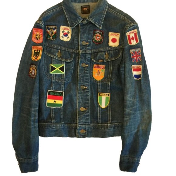 VINTAGE 70s LEE DENIM TRUCKER JACKET MENS M TRAVEL PATCHES UNION MADE USA 39x23 - Picture 3 of 15